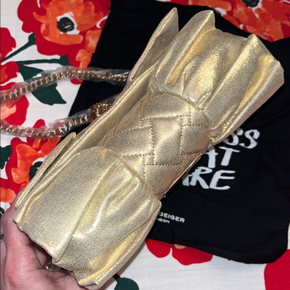 Kurt Geiger NWT! Mini Kensington Metallic Gold Bow Clutch Crossbody Bag - Picture 11 of 13